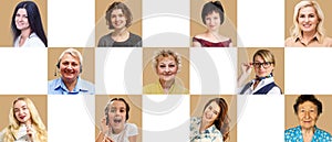 Lot of different multiracial people headshots portraits in square collage mosaic image. Many hundreds of diverse age and