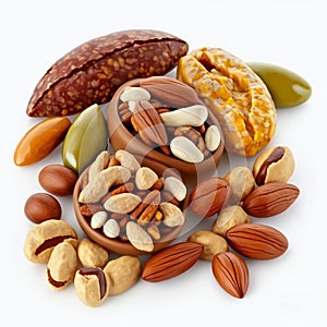 Lot of different nuts on white background, close-up, nice nutty background, for advertising