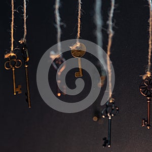 A lot of different old keys from different locks, hanging from the top on strings.