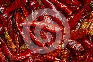 Lot of dried red chili peppers. close-up.