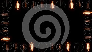 A lot of Edison bulbs creating great background for logo or title. Blinking lamps black background isolated. Vintage