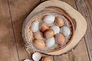 A lot of eggs put in the basket and place on the wooden table