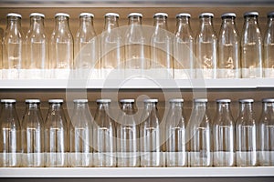 A lot of empty glass bottles with a white cap are on the shelf in a row. bottle for storing milk, juice, drinks and more.