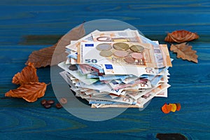 A lot of euro banknotes and coins with leaves and coffee beans on blue