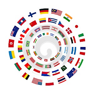 A lot of flags of sovereign states arranged in four circles isolated on white background