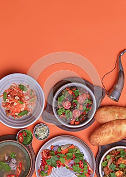 A lot of food over bright orange background. Georgian cuisine. Top view. Flat lay. Lenten menu, vegetarian dishes.