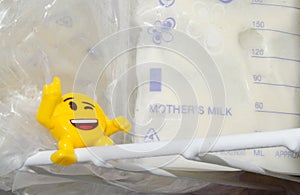 Lot of frozzen breast milk in storage bags stored in the freezer and baby bottle with fresh expresed breastmilk