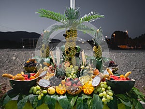 A lot of fruits in table organized with human form. Design. Outside. Party