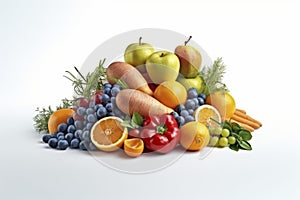 A lot of fruits and vegetables tastefully arranged against white background -Generative AI