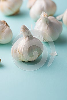 A lot of garlic on a light background, spices