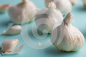 A lot of garlic on a light background, spices