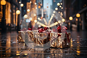 a lot of gifts in city street in winter, exteriors of the house are decorated for Christmas or New Year\'s holiday, street