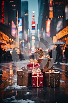a lot of gifts in city street in winter, exteriors of the house are decorated for Christmas or New Year\'s holiday, street