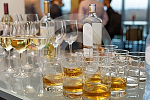 A lot of glasses with scotch, brandy and whine stand on the bar