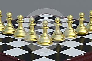 Lot of golden chess figures pawns on chess board