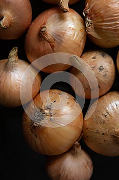 A lot of Golden fresh onions are lying on the table, taken close-up. The view from the top.