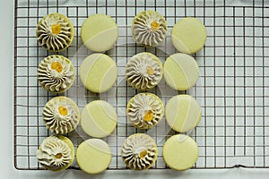 A lot of green macaroon halves on a cooling rack with matcha tea ganache filling. Ð¡ooking process of French dessert macaroon.