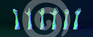 Lot of hands in neon light on a dark background