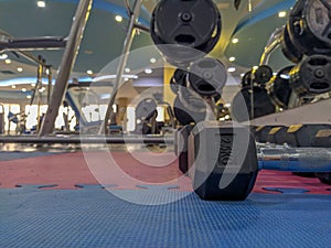 A lot of heavy dumbbells stacked and lined, organized on the soft rubber floor of modern gym interior with many different