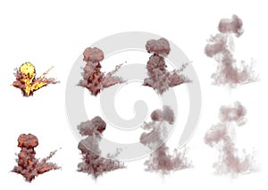 Many images of huge grenade bang mushroom cloud with fire and burning isolated on white background - 3D illustration of objects