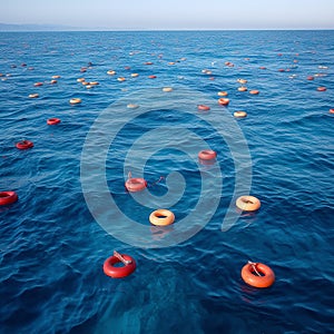 A lot of lifebuoys float on the surface of the sea, the concept of help,