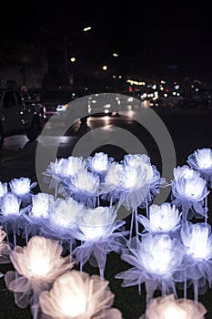 A lot of lit LED rose flowers at the Dongdaemun Design Plaza in UD TOWN, Udonthani Thailand at night.