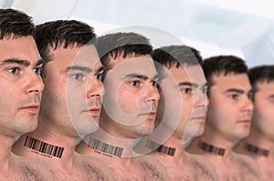 A lot of men in a row with barcode - genetic clone concept photo