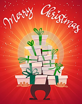 Merry Christmas poster card with callygraphy lettering and cartoon style many gifts stack , ribbon bow on box presents. funny part