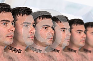 A lot of men in a row with barcode - genetic clone concept