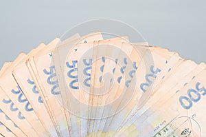 A lot of money, Ukrainian hryvnia on a gray background with copy space