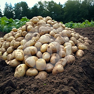 Lot, mountain of potato tubers on ground, good harvest, agriculture, for advertising seeds photo