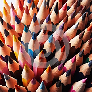 A lot of multi-colored sharpened pencils close-up.