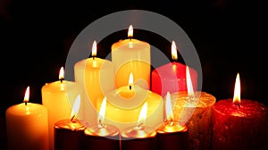 Lot multicolored candles lit darkness