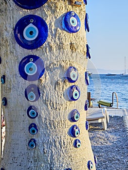 A lot of Nazar boncugu screwed to a tree with the Aegean sea in photo