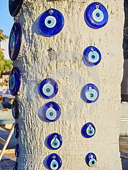 A lot of Nazar boncugu screwed to a tree. Turkey. photo