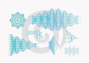 A lot of  Neural network diagram, input and output data, hidden layers.