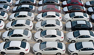 Novorossiysk, Russia - May, 18, 2017: A lot of new cars toyota corolla parked on the site for sale. View from above