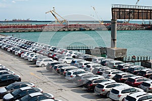 A lot of new cars toyota corolla and Subaru Forester are unloaded at the seaport