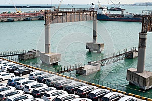 A lot of new cars toyota corolla and Subaru Forester are unloaded at the seaport