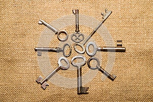 A lot old keys to the safe on a very old cloth