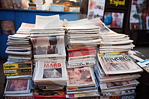 A lot of old newspapers for sale on the street in Bangkok, Newspapers on a market stall in London, England, UK, AI Generated