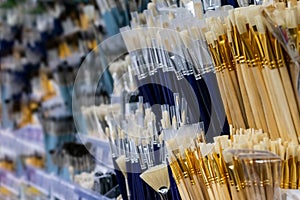 A lot of paint brushes with different sizes and made of different marterial. School, colledge and university tools, brushes for dr