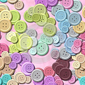 A lot of pastel colored vintage clothing plastic buttons randomly scattered on the sweet pink background - top view