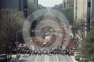 A lot of people demonstrating on a street created with generative AI technology