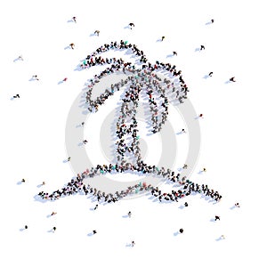 A lot of people form island, palm tree, love, icon . 3d rendering.