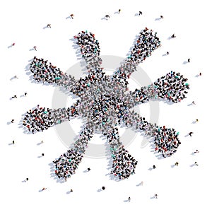 A lot of people form snowflake, christmas, children`s drawing . 3d rendering.