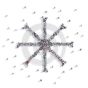A lot of people form snowflake, christmas, children`s drawing . 3d rendering.