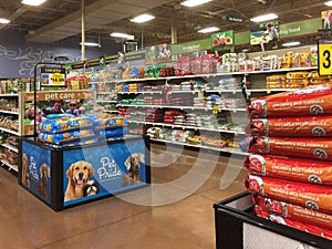 A lot of pet products for sale at grocery store