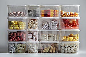 Lot of pills in plastic containers. ai generated