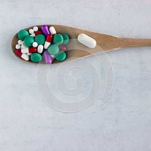 A lot of pills and vitamins in a wooden spoon on a on light background.
